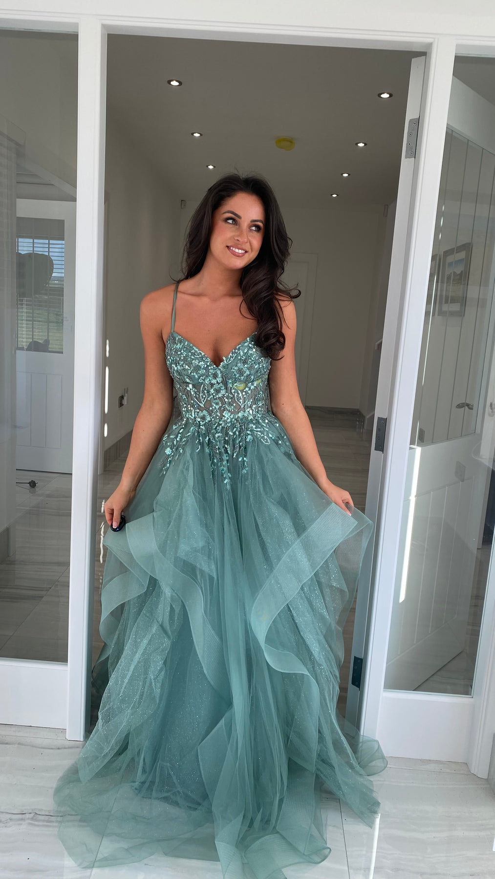 Sage Green Tiered Skirt Corset Ball Gown – Rosies Closet