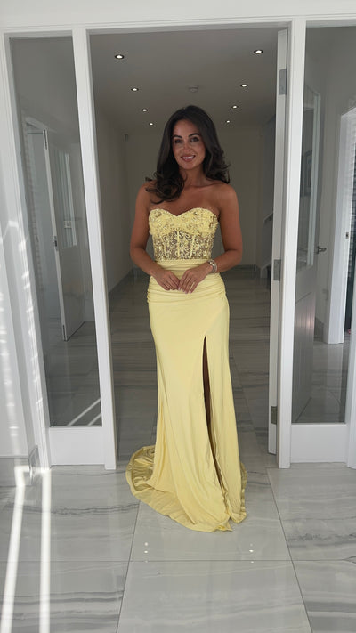 Lemon Strapless Ruched Bottom Gown