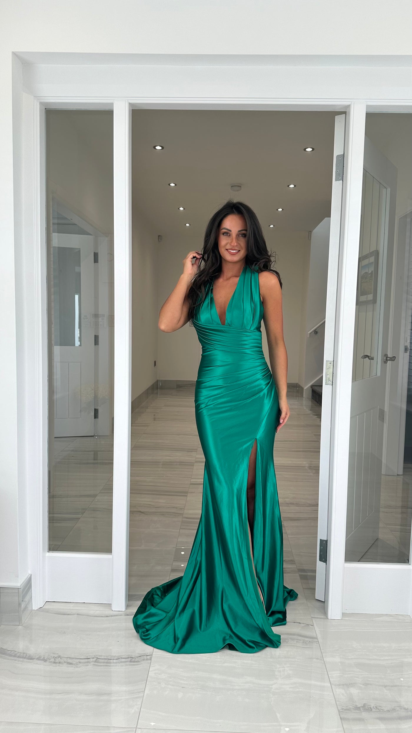 Emerald Green Satin Halterneck Ruched Prom Dress – Rosies Closet