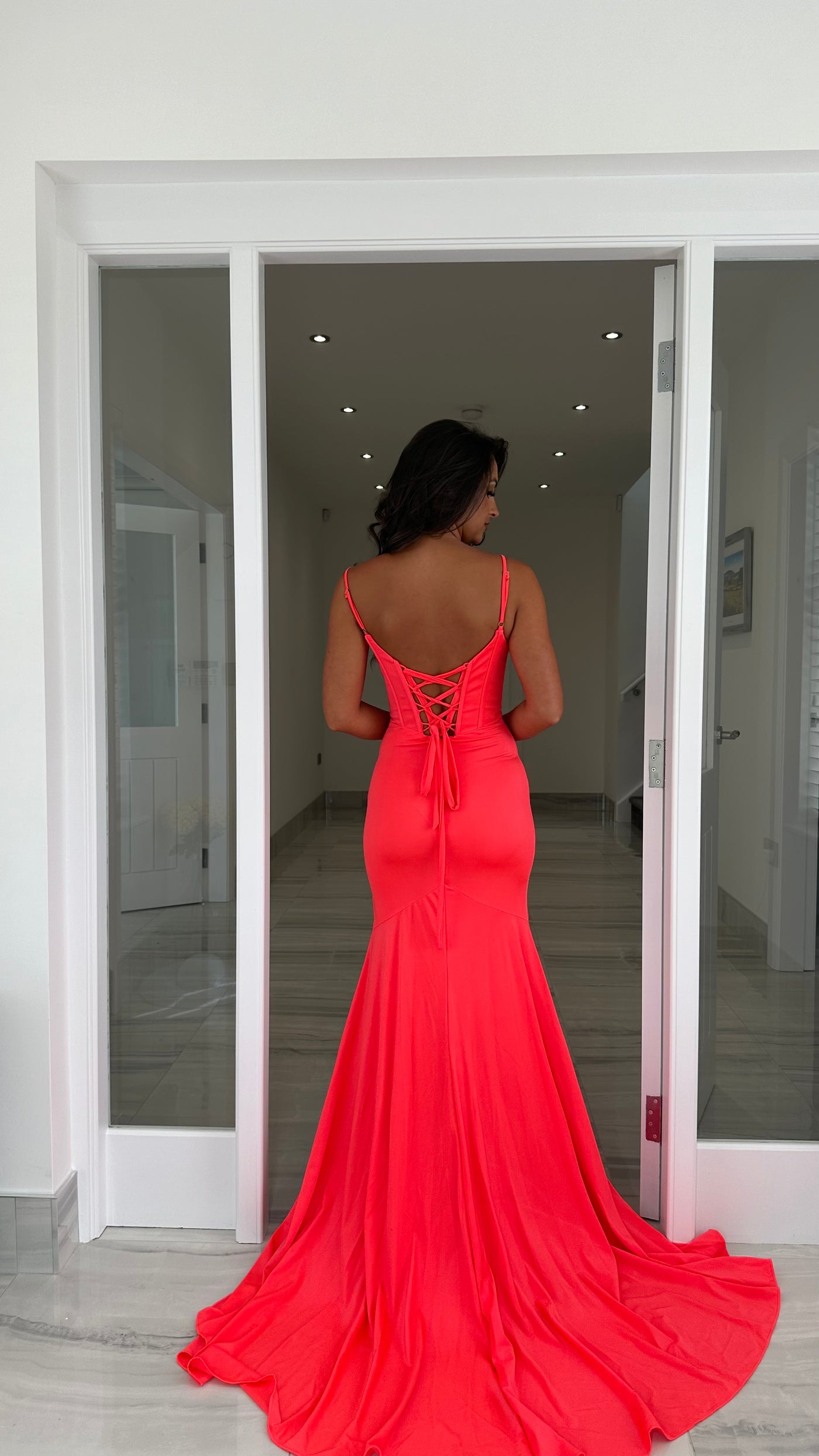 coral corset prom dress FITTED BEADED EVENING GOWN BY ANDREA & LEO COUTURE A1363 NAVY BLUE / 4