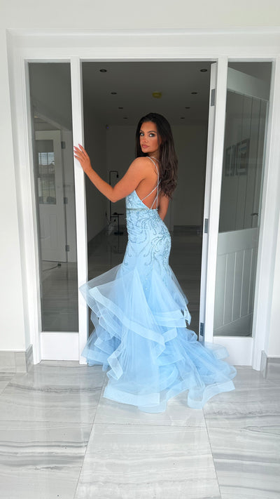 Baby Blue Straight Neck Fishtail Prom Dress