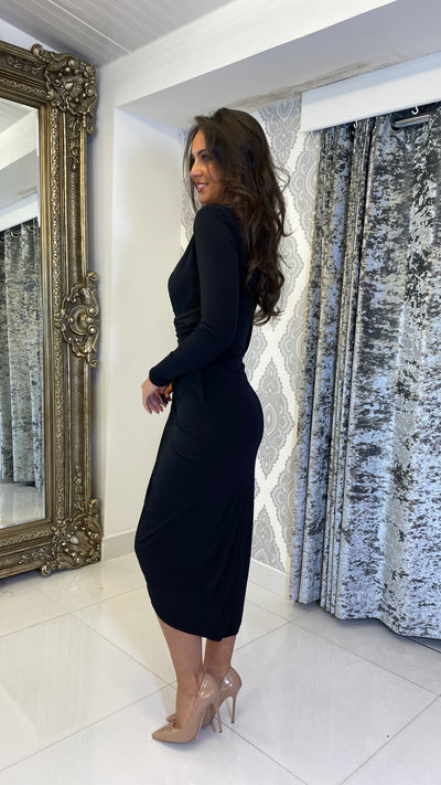 Sequin Detailed Long Sleeves Midi Ruched dress In Black