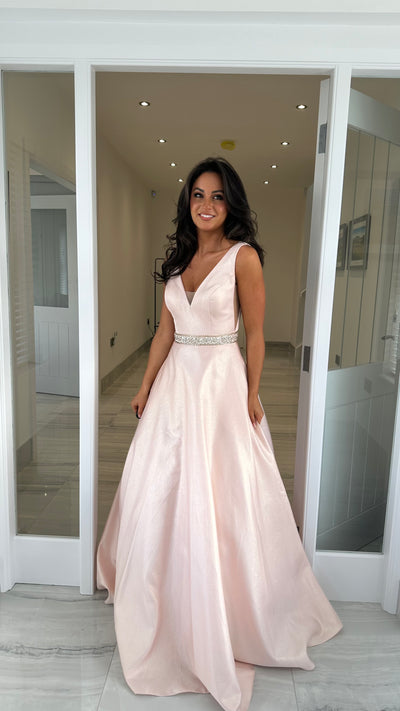 Pale Pink V-Neck Ball Gown