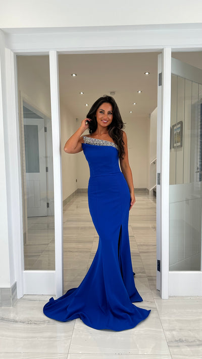 Royal Blue One Shoulder With Silver Embellished Detailed Full Length Gown