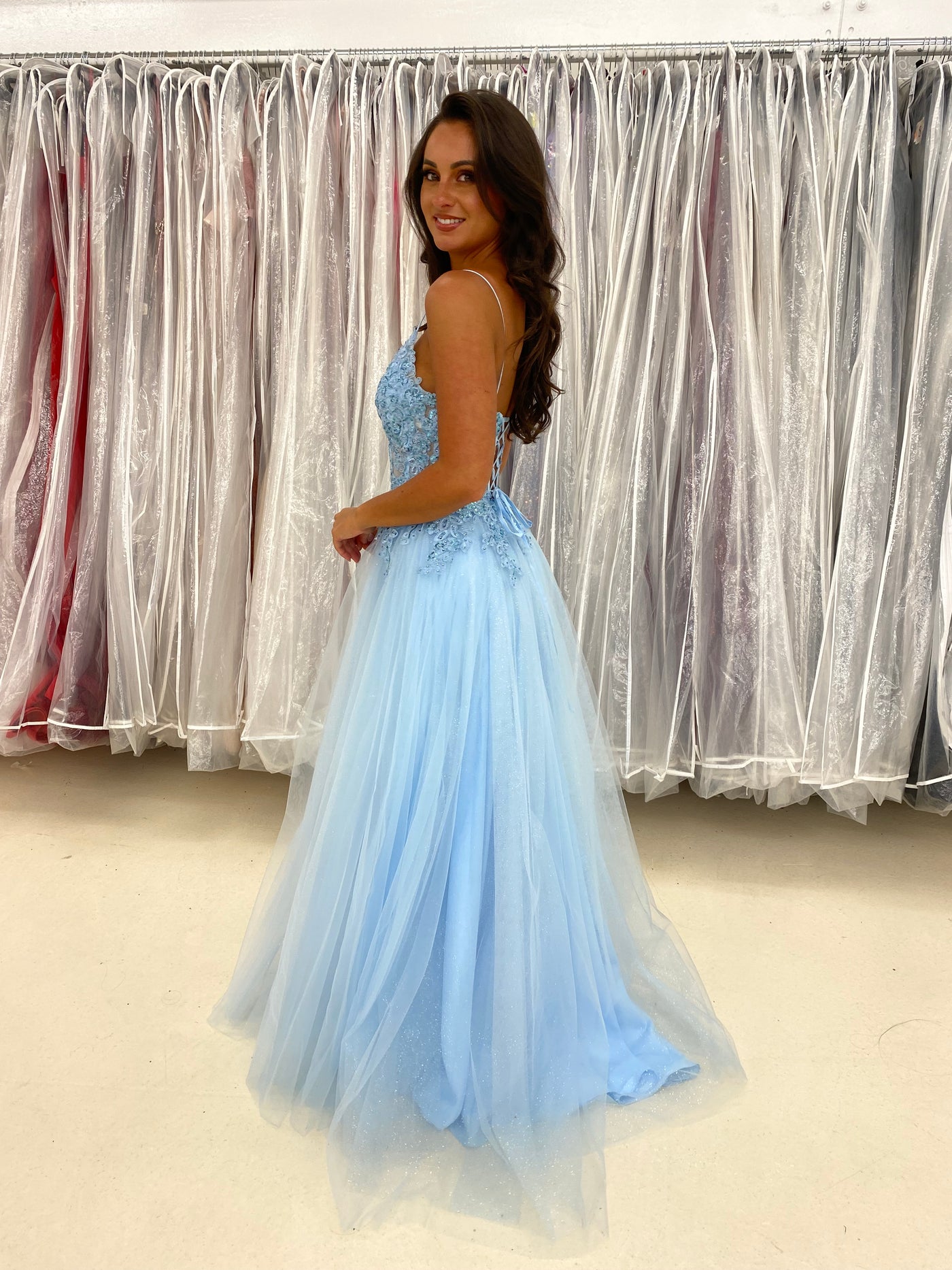 Baby Blue Glitter Corset Ball Gown