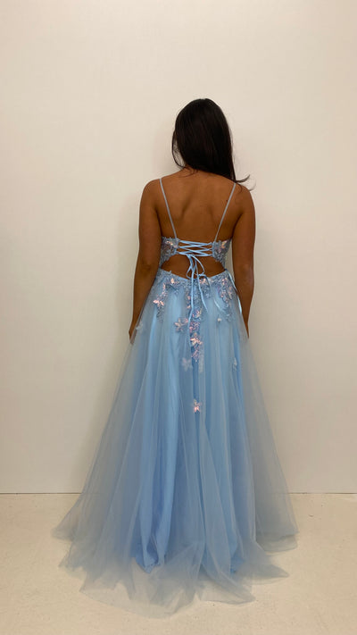 Baby Blue Flower Design Corset Back Ball Gown