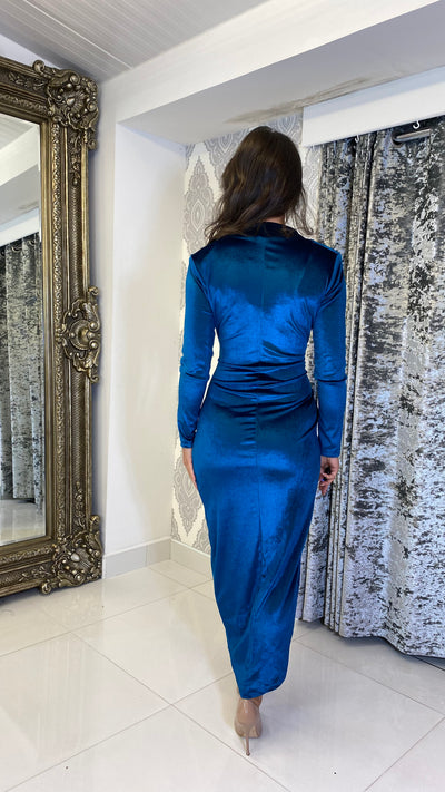 Teal Midi Ruched Dress Velvet Cocktail Dress