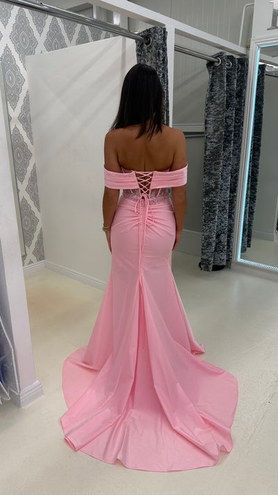 Pink Bardot Mesh Lace Corset Prom Dress