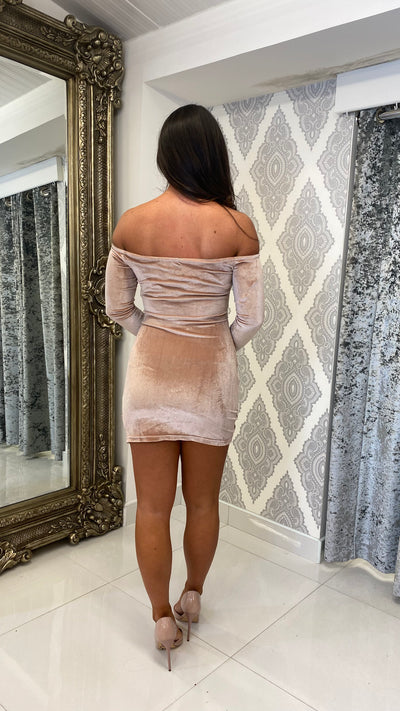 Velvet Nude Bardot Mini Dress