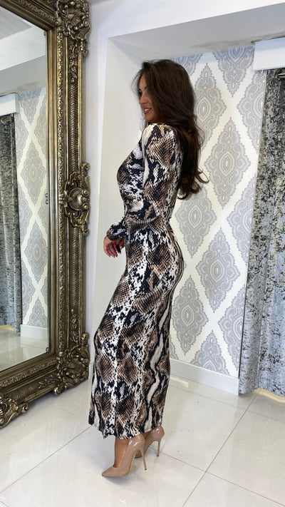 Snake Print Ruched Front Midi Dress