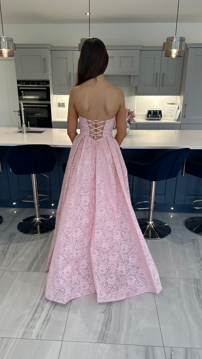Baby Pink Lace Strapless Ball Gown