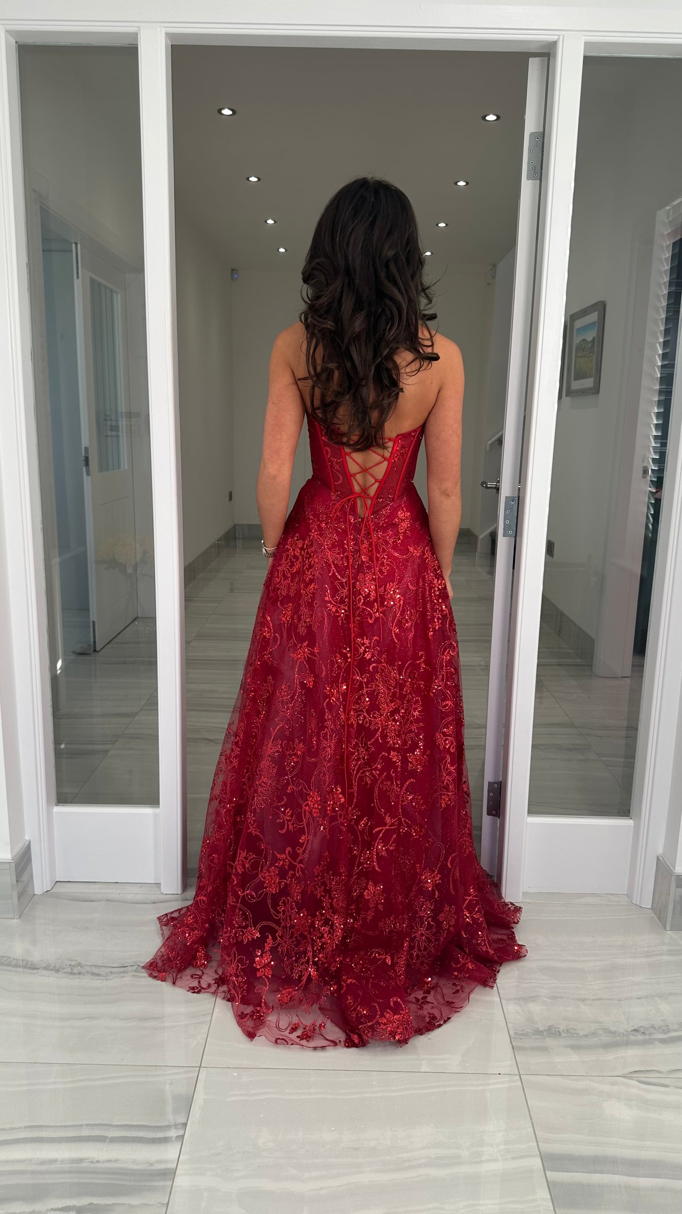 Dark Red Strapless Corset Ball Gown. Rosies Closet Dark Red Strapless Corset Ball Gown. Rosies Closet