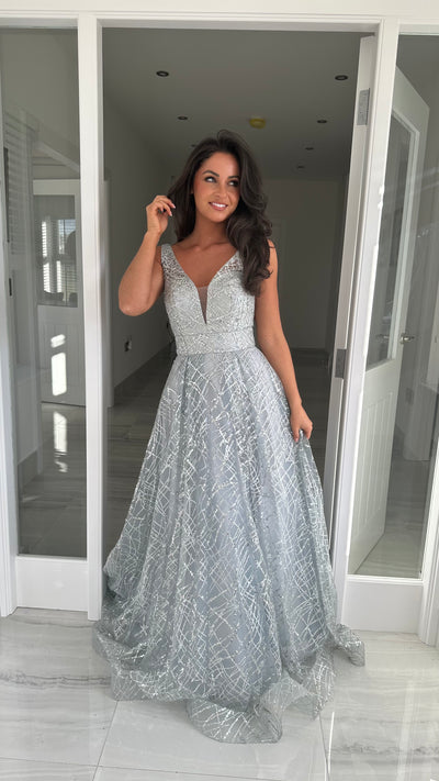 Silver Glitter V-Neck Ball Gown