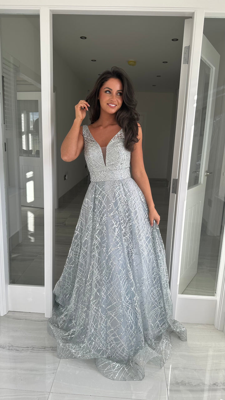 Silver Glitter V-Neck Ball Gown Rosies Closet Silver Glitter V-Neck Ball Gown Rosies Closet