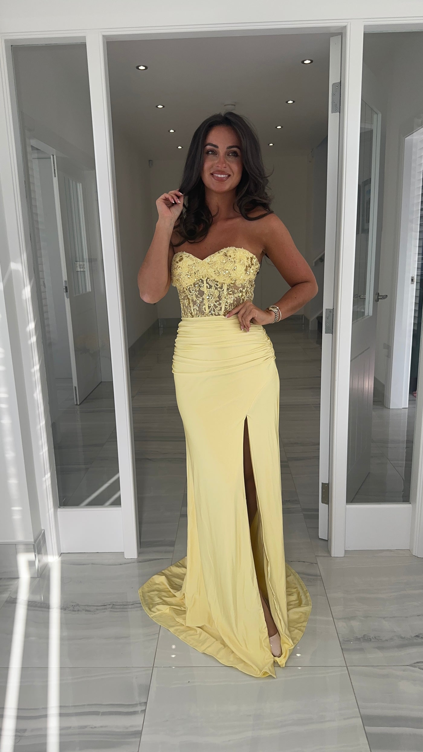 Lemon Strapless Ruched Bottom Gown