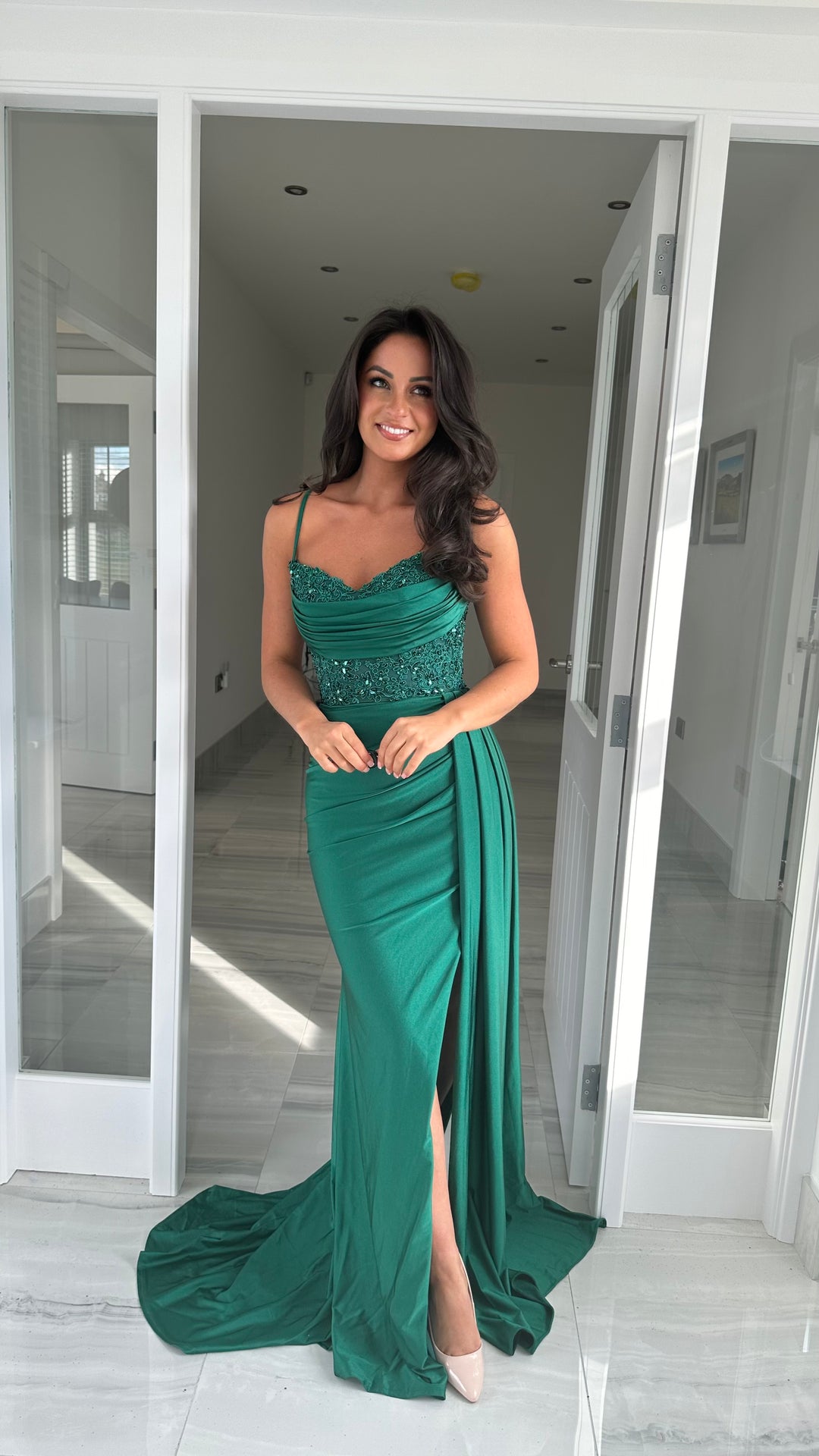 green emerald velvet dress Emerald Green Long Sleeve Silver Jeweled Wedding Guest Dress – Rosies Closet