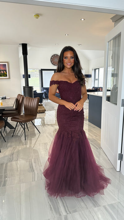 Dark Plum Bardot Lace Fishtail Prom Dress