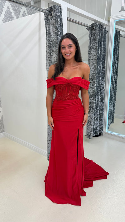 Red Bardot Mesh Lace Corset Prom Dress