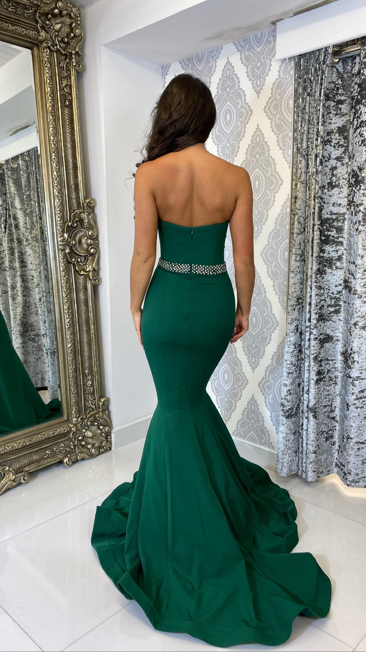 emerald green strapless dress Dark Mermaid Satin With Sequin Appliqu up closure Jovani 38707 Size 12 Dark