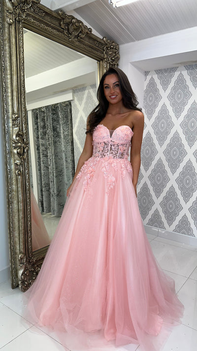 Peach Corset Style Strapless Ball Gown