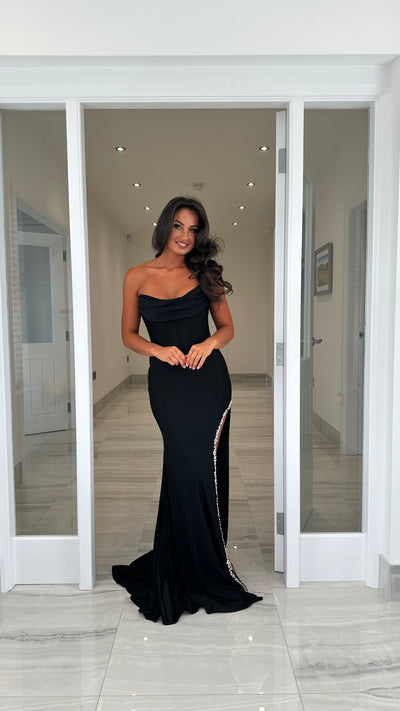 Black Strapless Corset Jewel Split Prom Dress