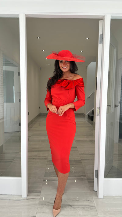 Coral Orange Bardot Neckline with Satin Bow