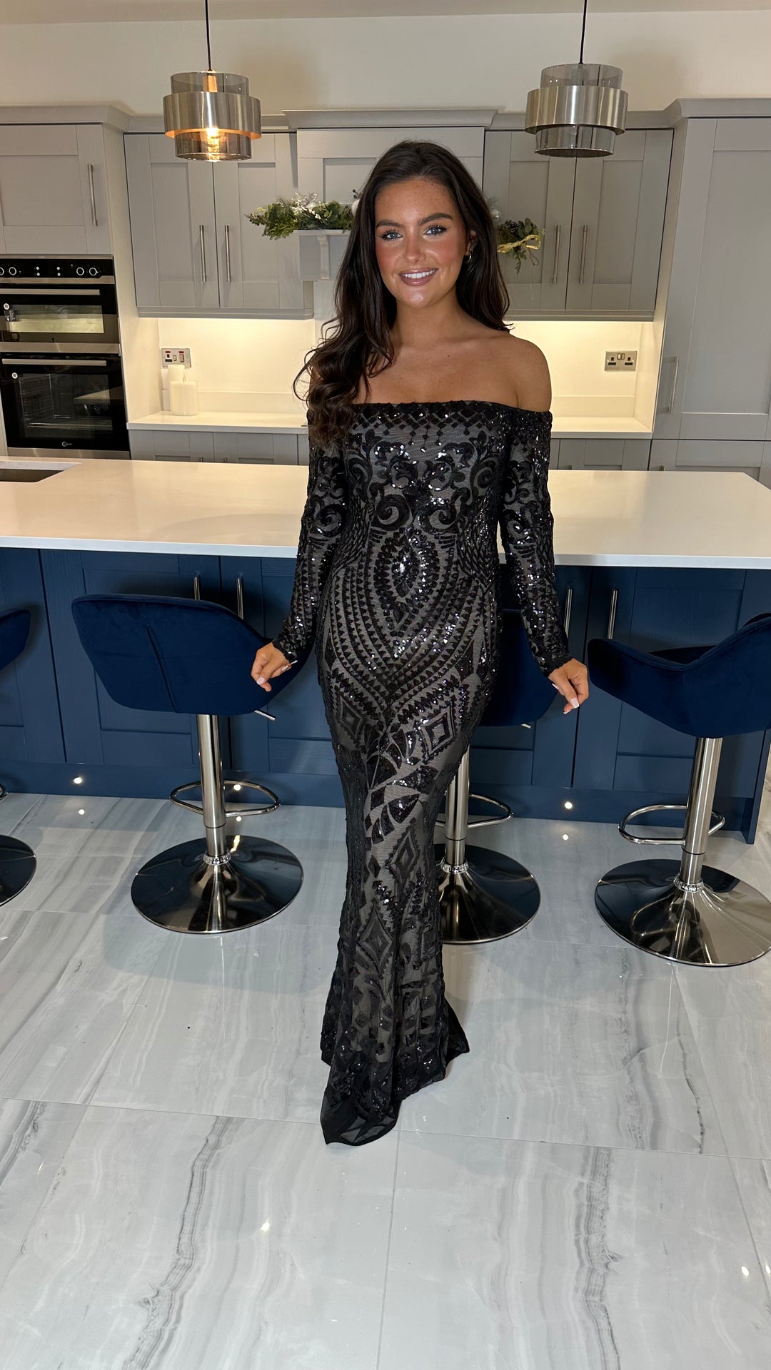 green emerald velvet dress Black Bardot Full Sequin Detailed Maxi Evening Dress – Rosies Closet