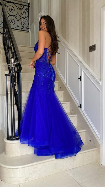 Royal Blue Lace Corset Fishtail Full Length Gown