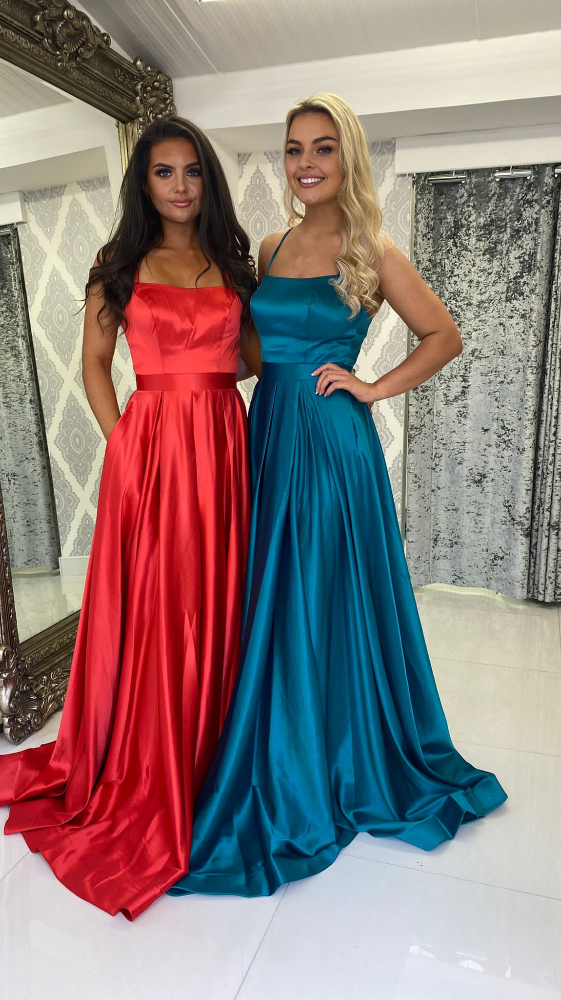 Teal Satin Straight Neck Corset Ball Gown