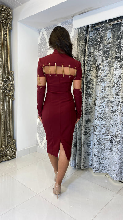 Burgundy Gold Chain Sleeves Detail Midi Dress