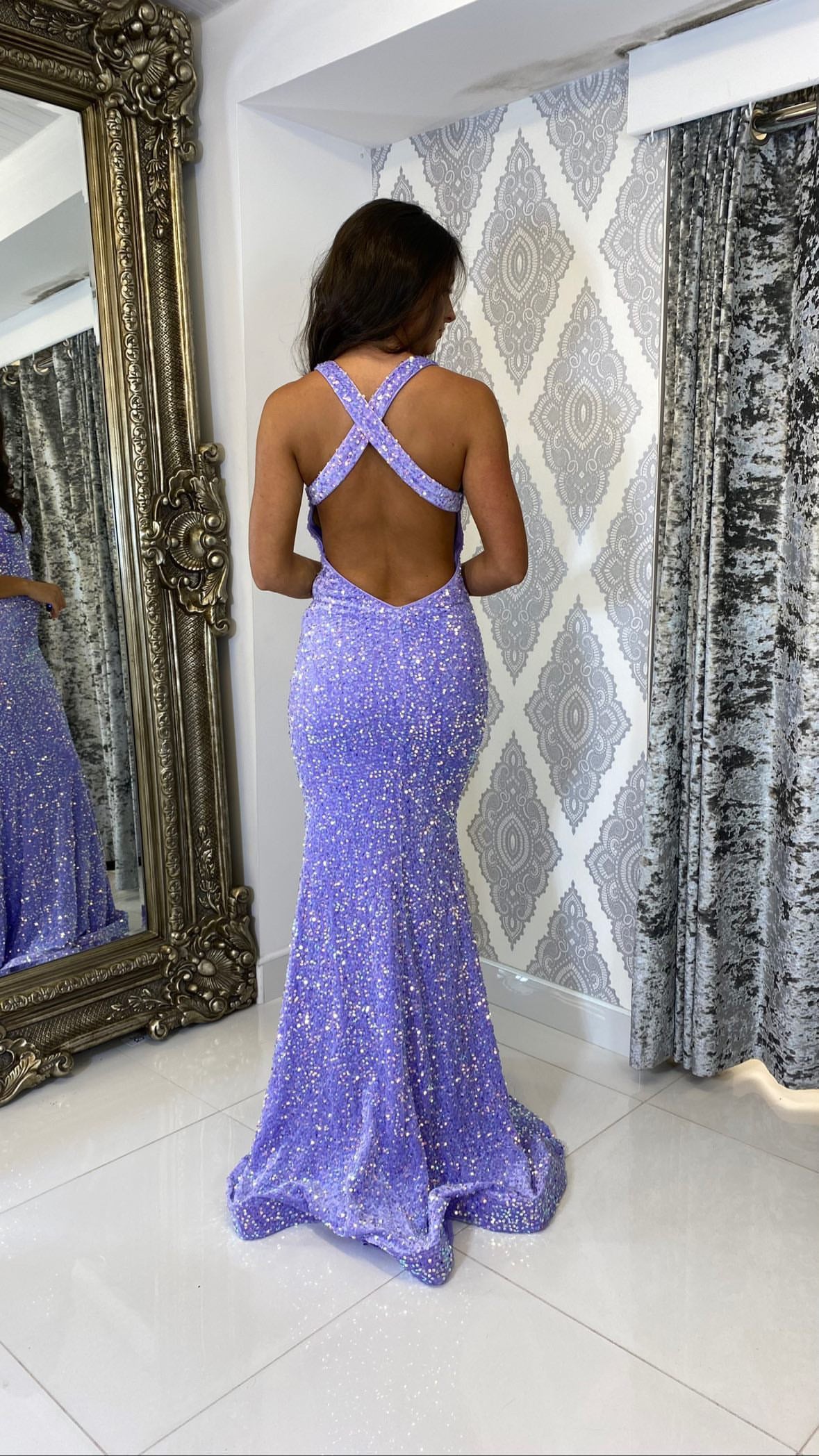 Lilac Sequin Plunge Neck Backless Evening Gown