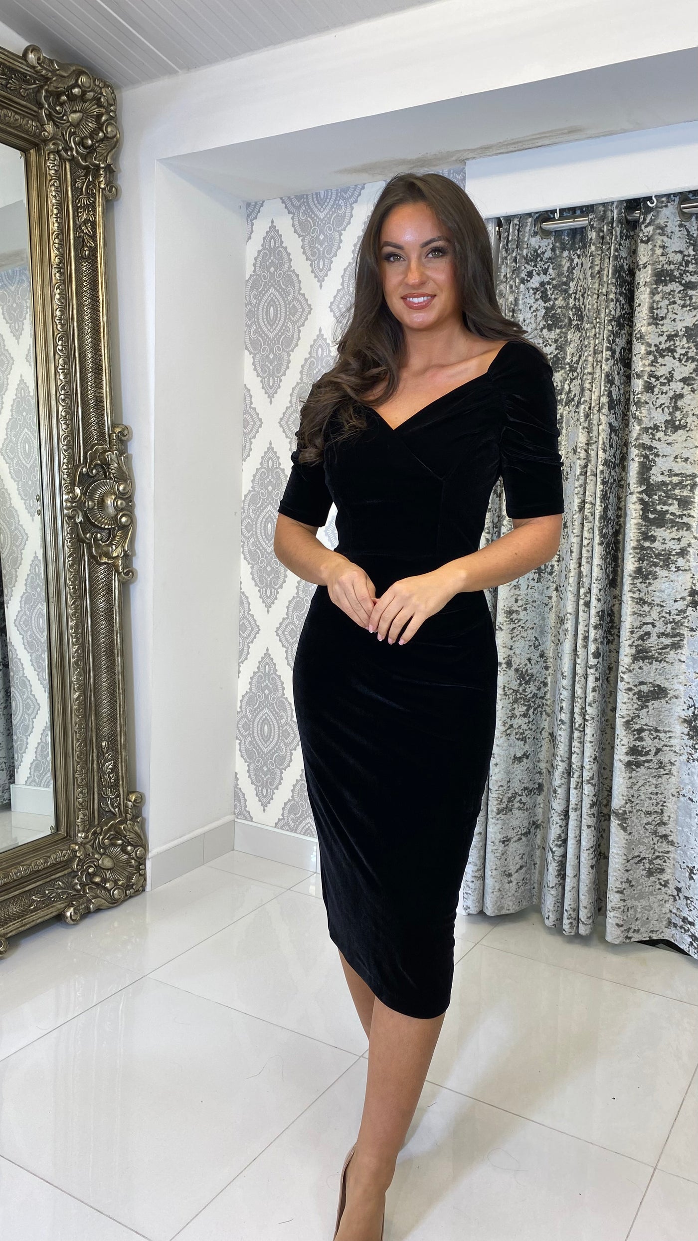 Black Velvet Ruched Sleeve Midi Dress