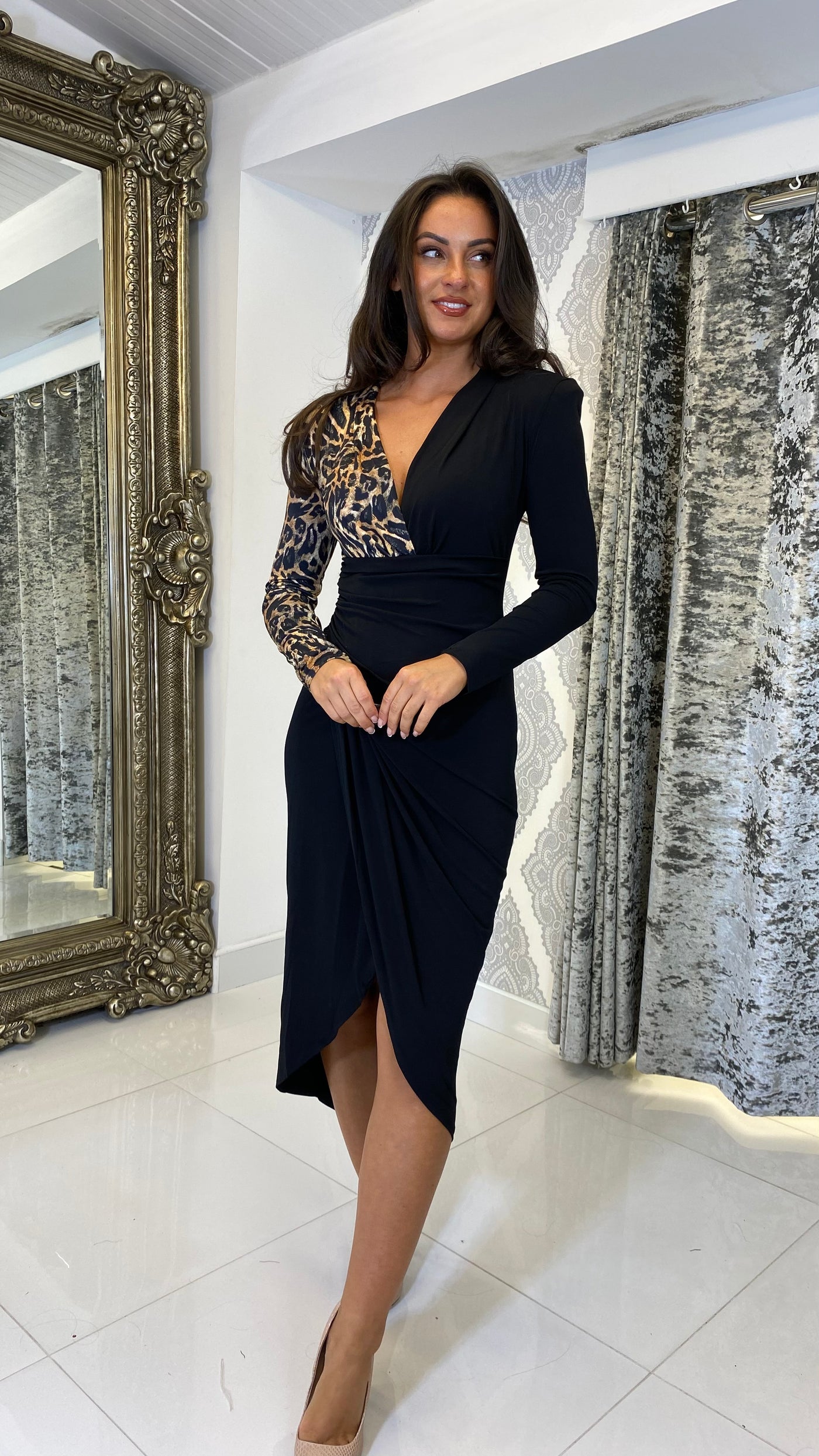 black leopard print midi dress Leopard Printed Satin Midi Dress 8