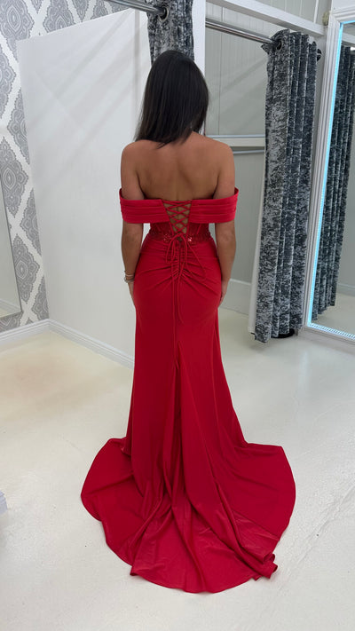 Red Bardot Mesh Lace Corset Prom Dress