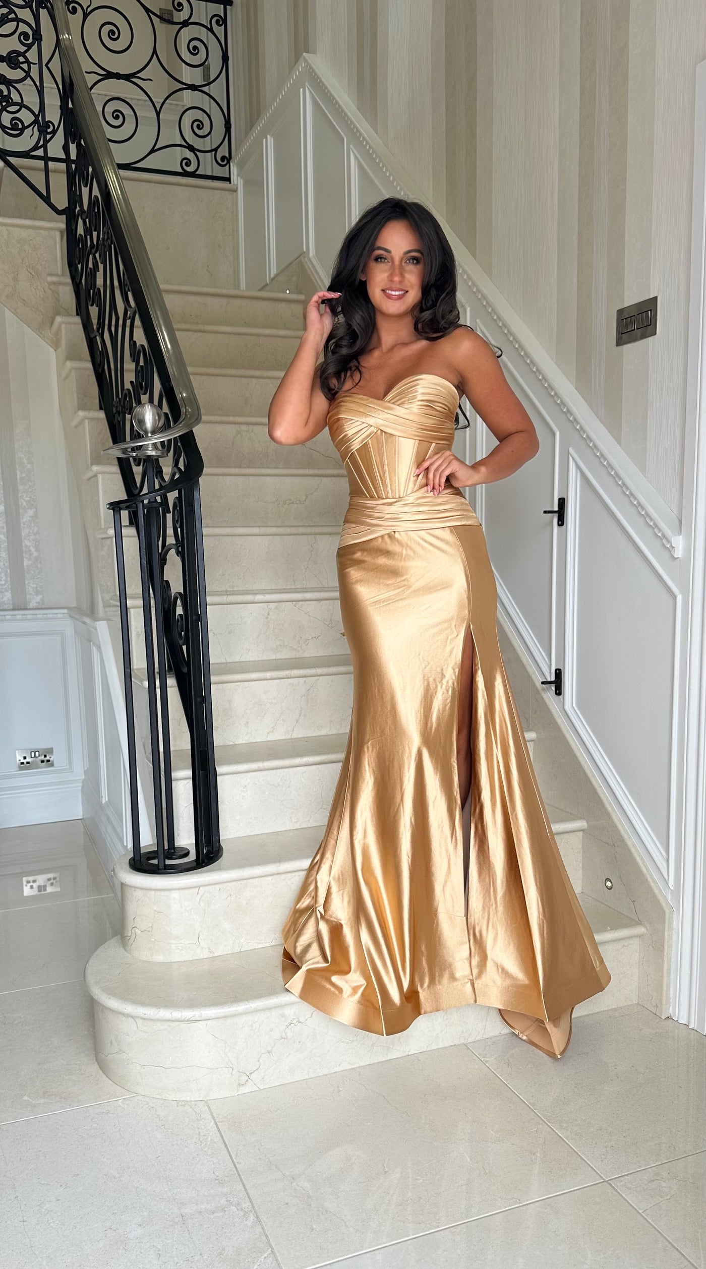 Gold Strapless Sweetheart Satin Gown Rosies Closet Gold Strapless Sweetheart Satin Gown Rosies Closet
