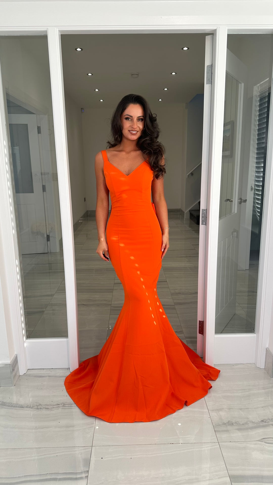 Orange V-Neck Backless Bow Back Prom Dress Rosies Closet Orange V-Neck Backless Bow Back Prom Dress Rosies Closet