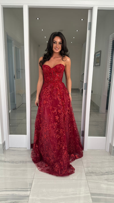 Dark Red Strapless Corset Ball Gown.
