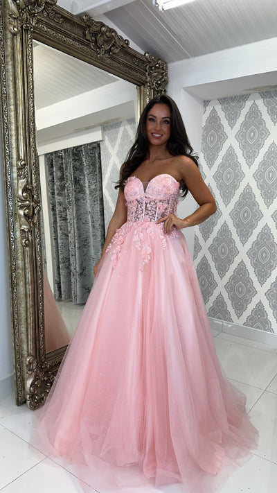 Peach Corset Style Strapless Ball Gown