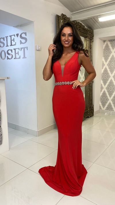 Bright Red Plunge Neck - Diamonte Belt Evening Gown