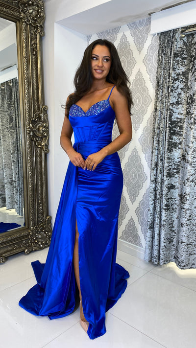 Royal Blue Sequin Cup Satin Full Length Gown