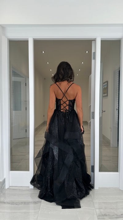 Black Tiered Skirt Corset Ball Gown