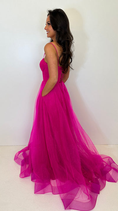 Hot Pink Glitter Corset Back Ball Gown Prom Dress