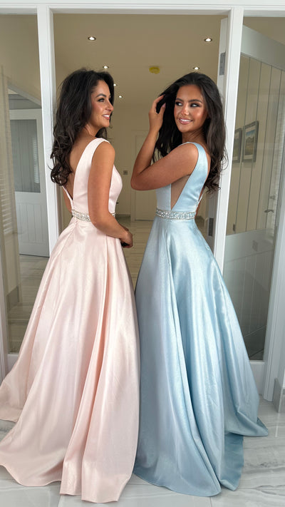 Pale Blue V-Neck Ball Gown