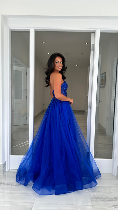 Royal Blue Mesh Corset Strapless Ball Gown