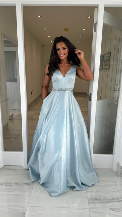 Pale Blue V-Neck Ball Gown