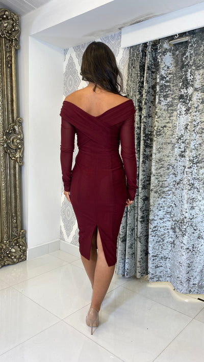 Burgundy Bardot Long Sleeve Mesh Midi Dress