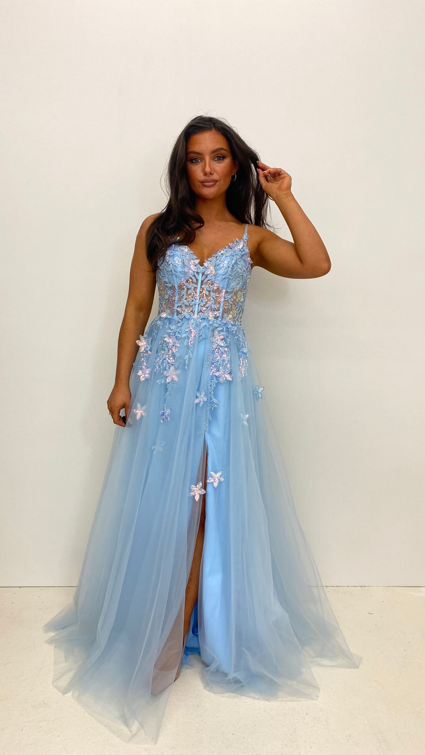 Baby Blue Flower Design Corset Back Ball Gown