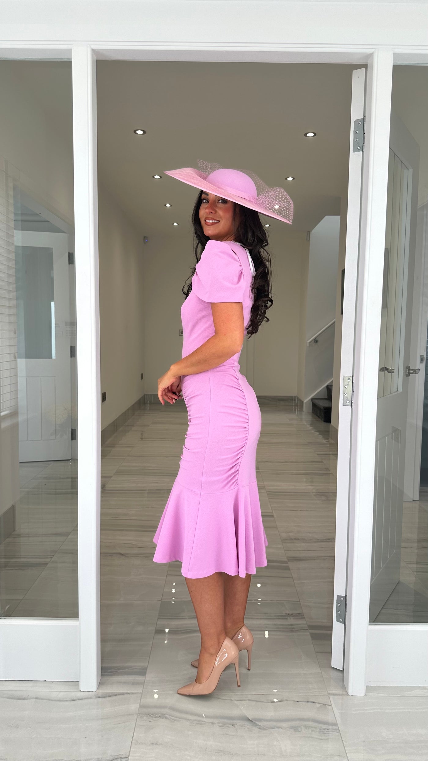 The Ruched Midi Dress With Detailed Cap Sleeve And Dip Hem