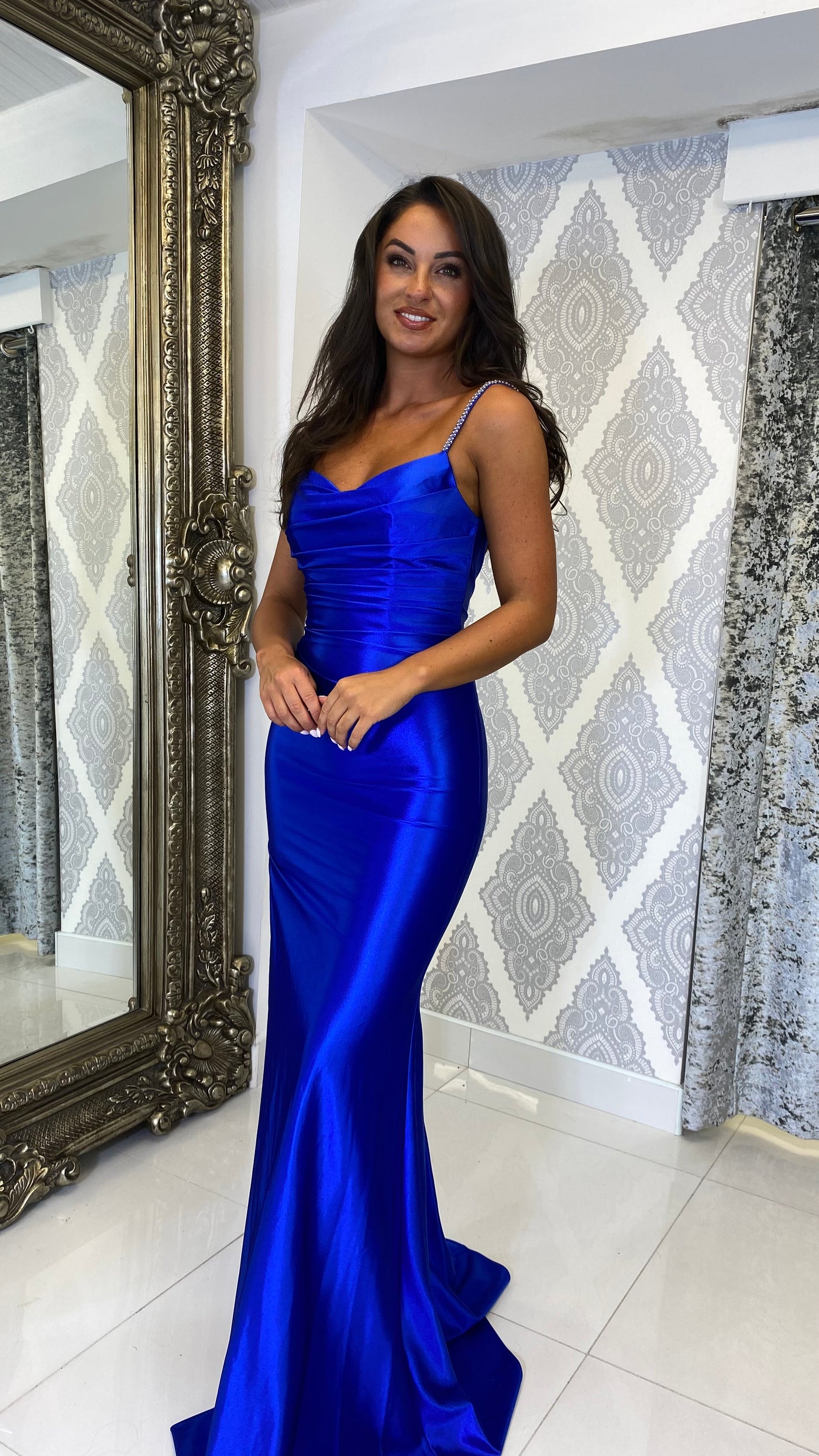 Royal Blue Ruched Satin Side Split Full Length Gown