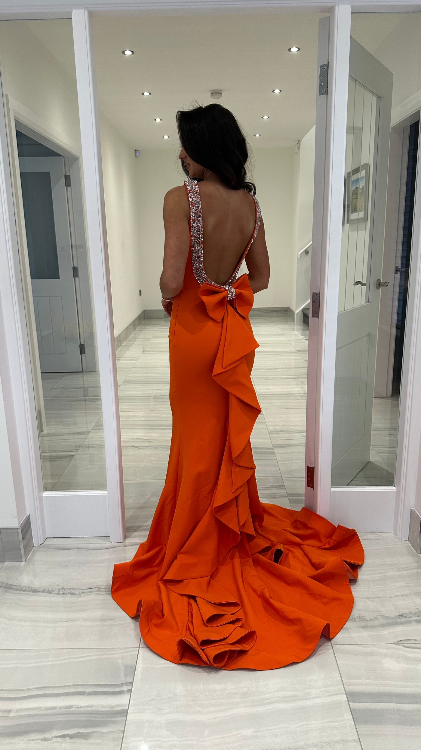 Orange Bow Back Prom Dress